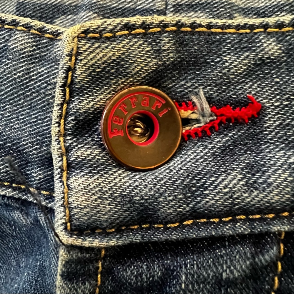 VTG Ferrari Button Fly Blue Denim Jeans‎ Leather Logo Italian Mens 33x30.5 IT 50 - Picture 13 of 16